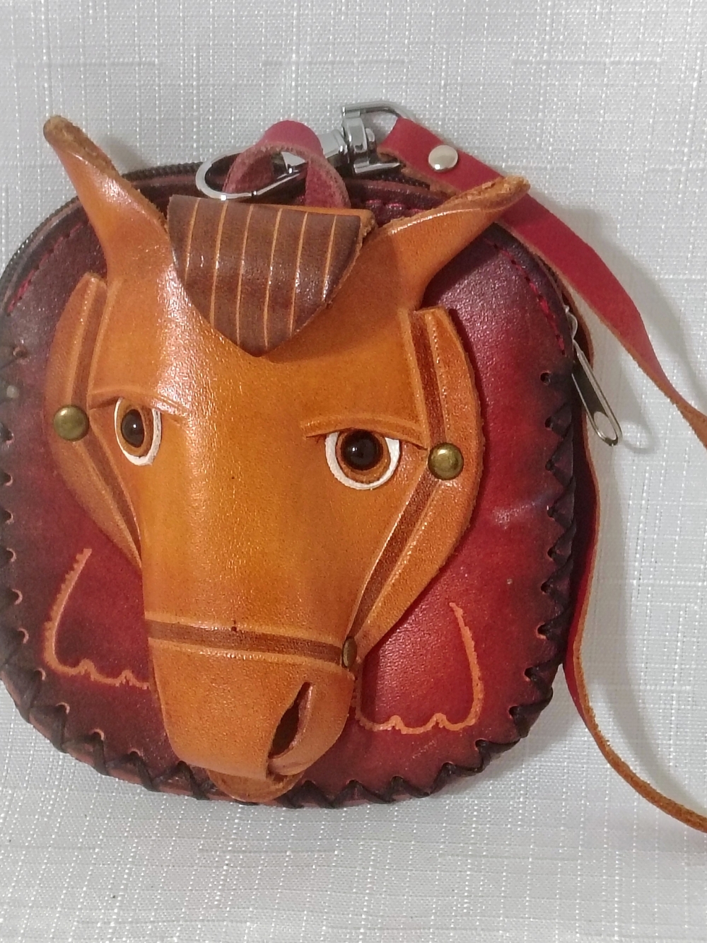 Leather 3D Horse Pony Wristlet Coin Purse Hand Crafted Tooled Zipper Keychain 4"
